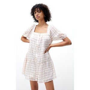 En Saison Value Mini Dress M White Rust Pink Gingham Puff Sleeve Tie Back Tiered